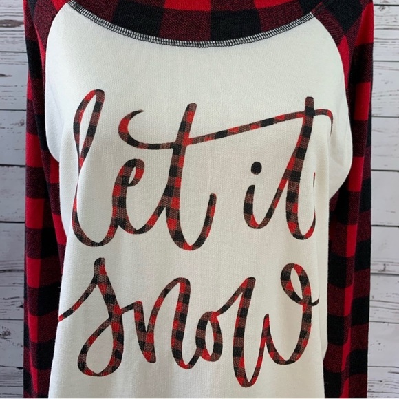 Boutique 'Let It Snow' Cowl Neck Hoodie w/ Plaid Sleeves Size Small - Picture 2 of 7